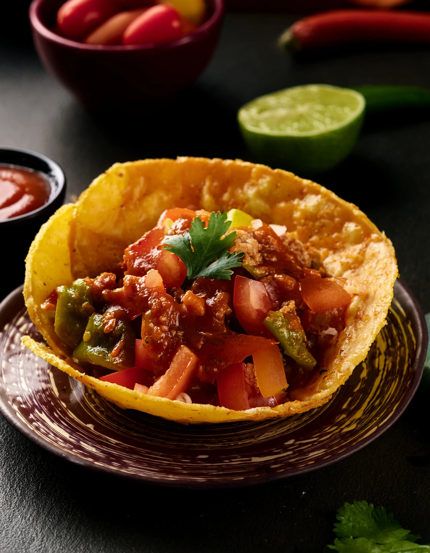 Taco served in a crispy tortilla shell with stewed meat and pico de gallo