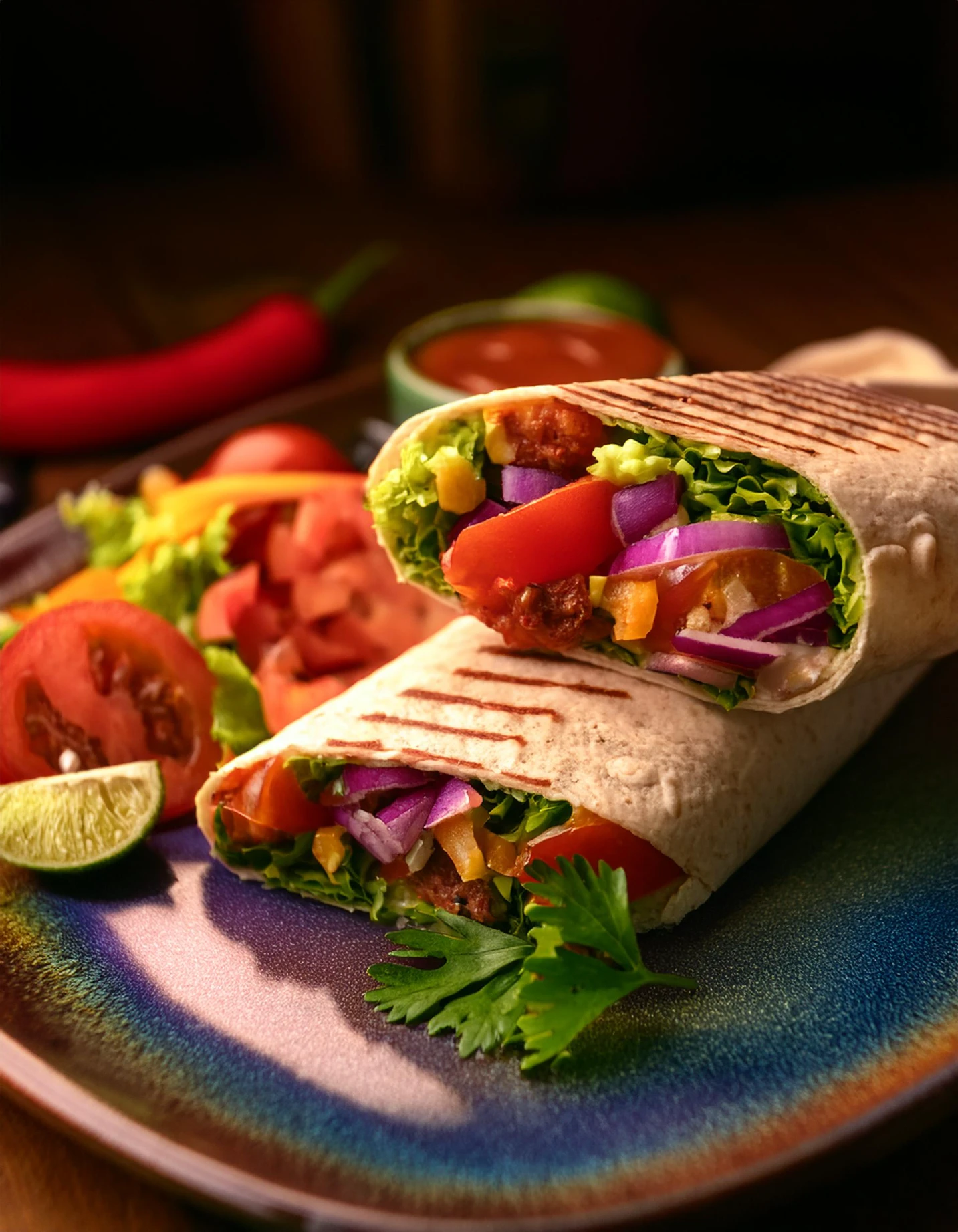 Wrapped burrito with lettuce, tomato, and red onion visible at the cut