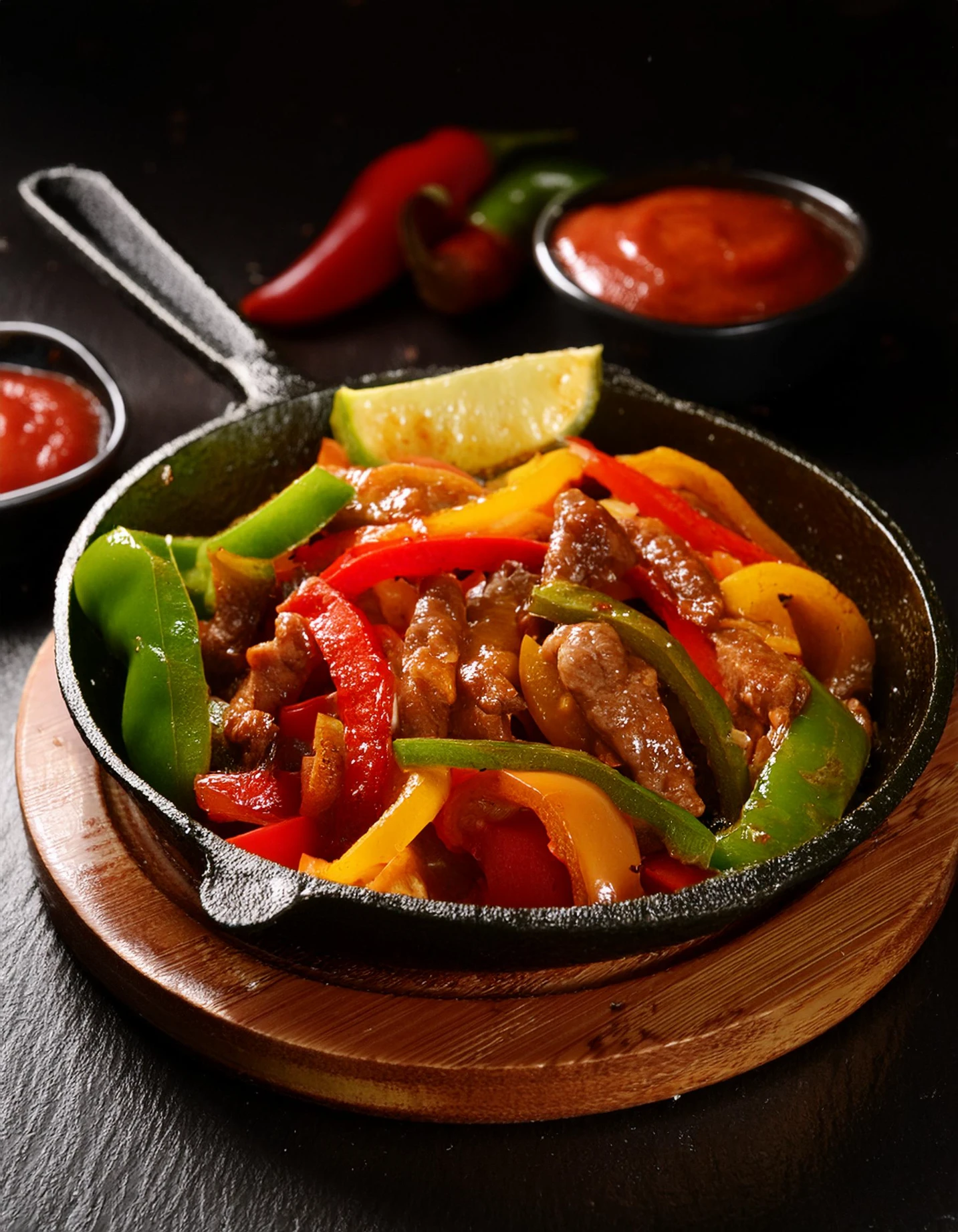 Sizzling beef fajitas with green peppers in a cast-iron skillet