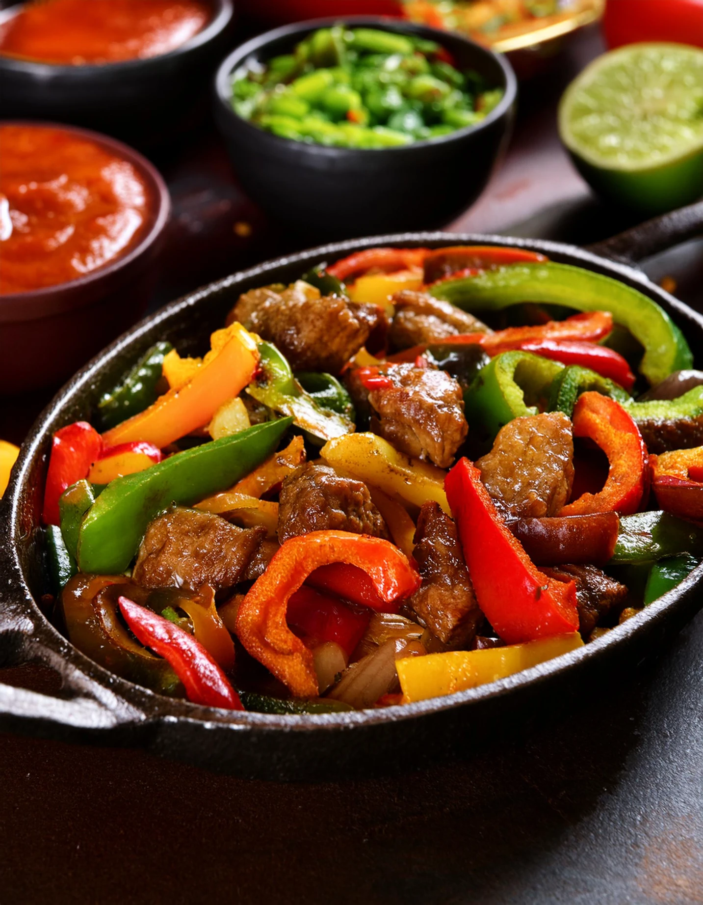 Beef fajitas with red, green, and yellow peppers served on a cast-iron platter