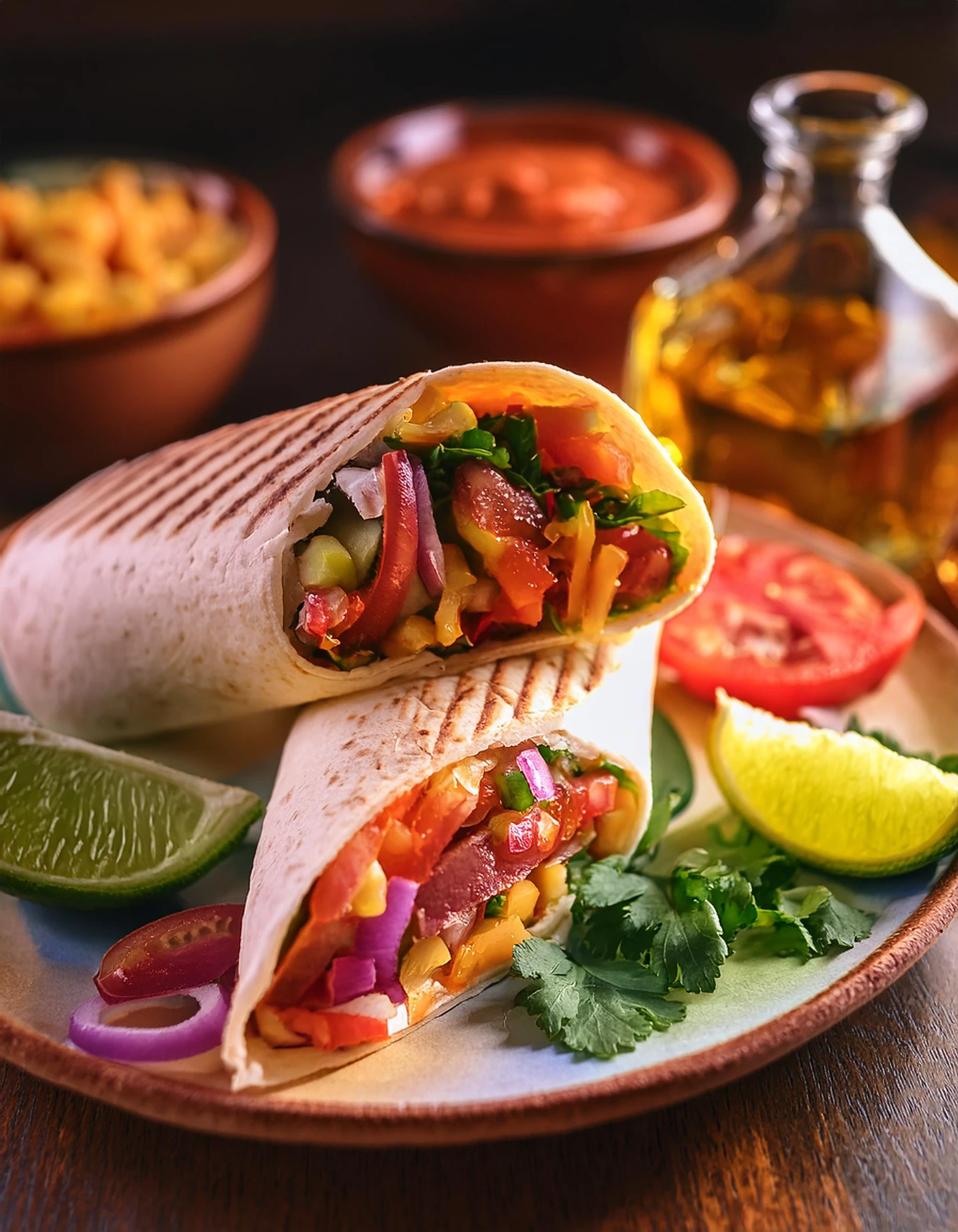 Filled burrito served with lime and cherry tomatoes on a clay plate