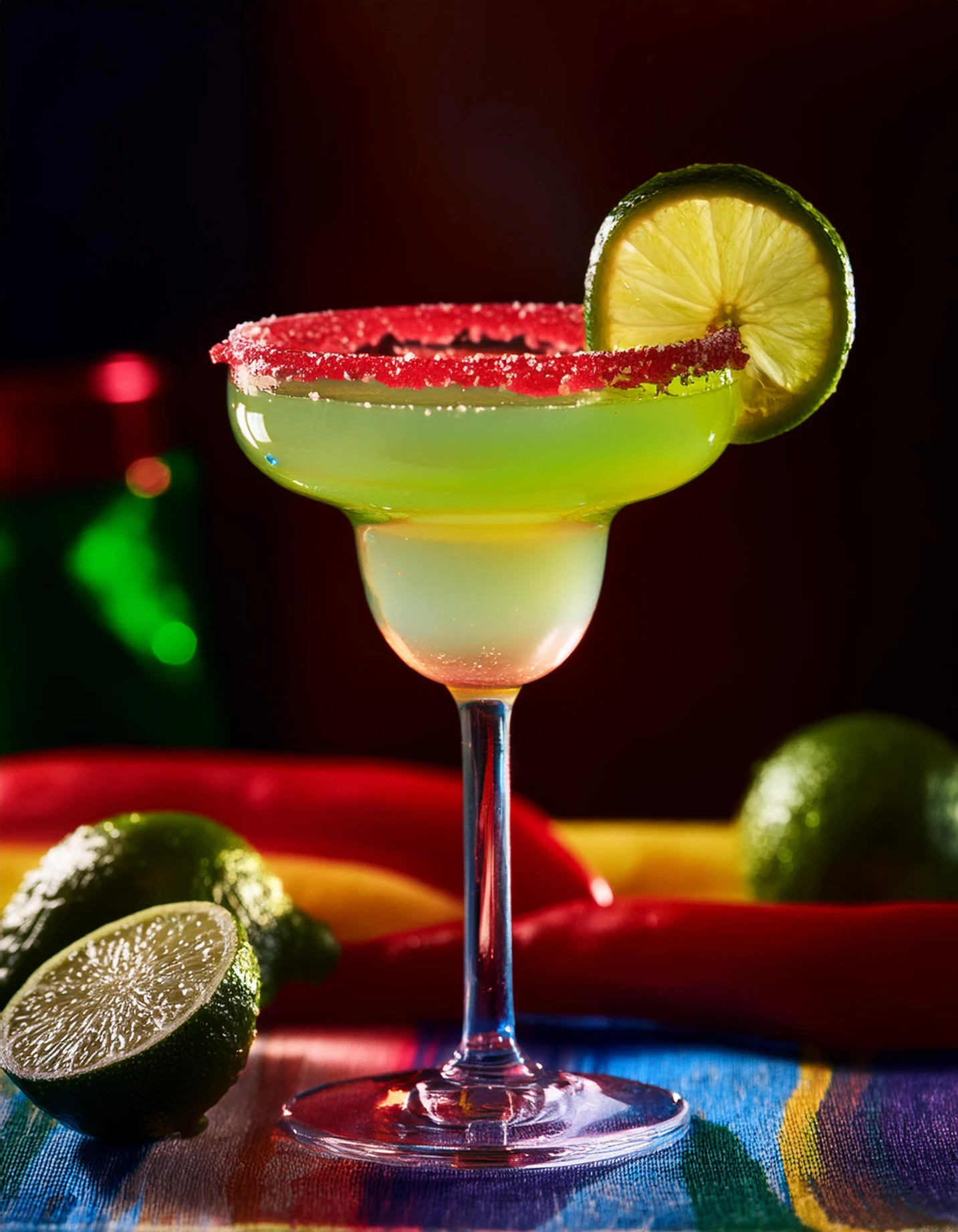 Salt-rimmed margarita garnished with a lime wheel