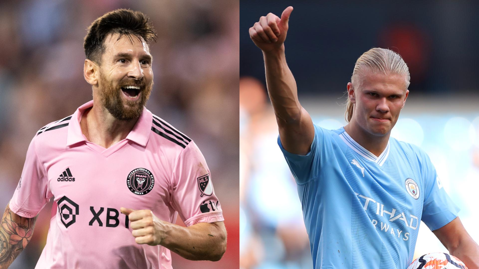 Perbandingan visual statistik Erling Haaland (Man City) dan Lionel Messi (Barcelona 2011-12) dalam bentuk infografis: jumlah gol, rata-rata per laga, kompetisi