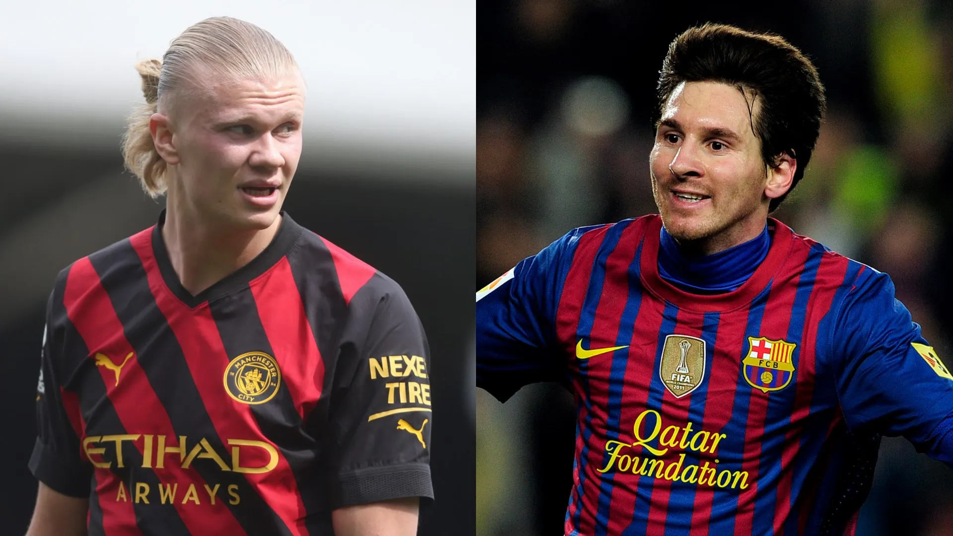 Montase Erling Haaland dan Lionel Messi dalam pose ikonik mencetak gol, latar belakang trofi Ballon d'Or dan sepatu emas