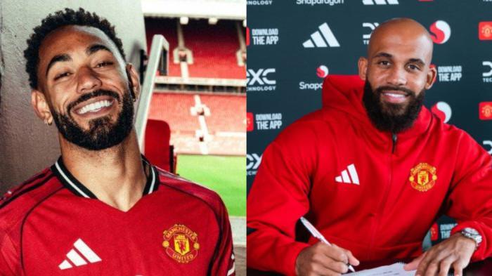 Perbandingan visual Bryan Mbeumo (kanan, jersey MU nomor 11) dan Benjamin Sesko (kiri, nomor 9) dalam pose siap bertanding