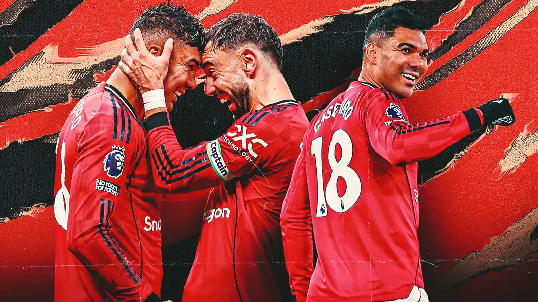 Ilustrasi papan transfer Manchester United: foto Casemiro, Baleba, Anderson, dan tanda tanya besar