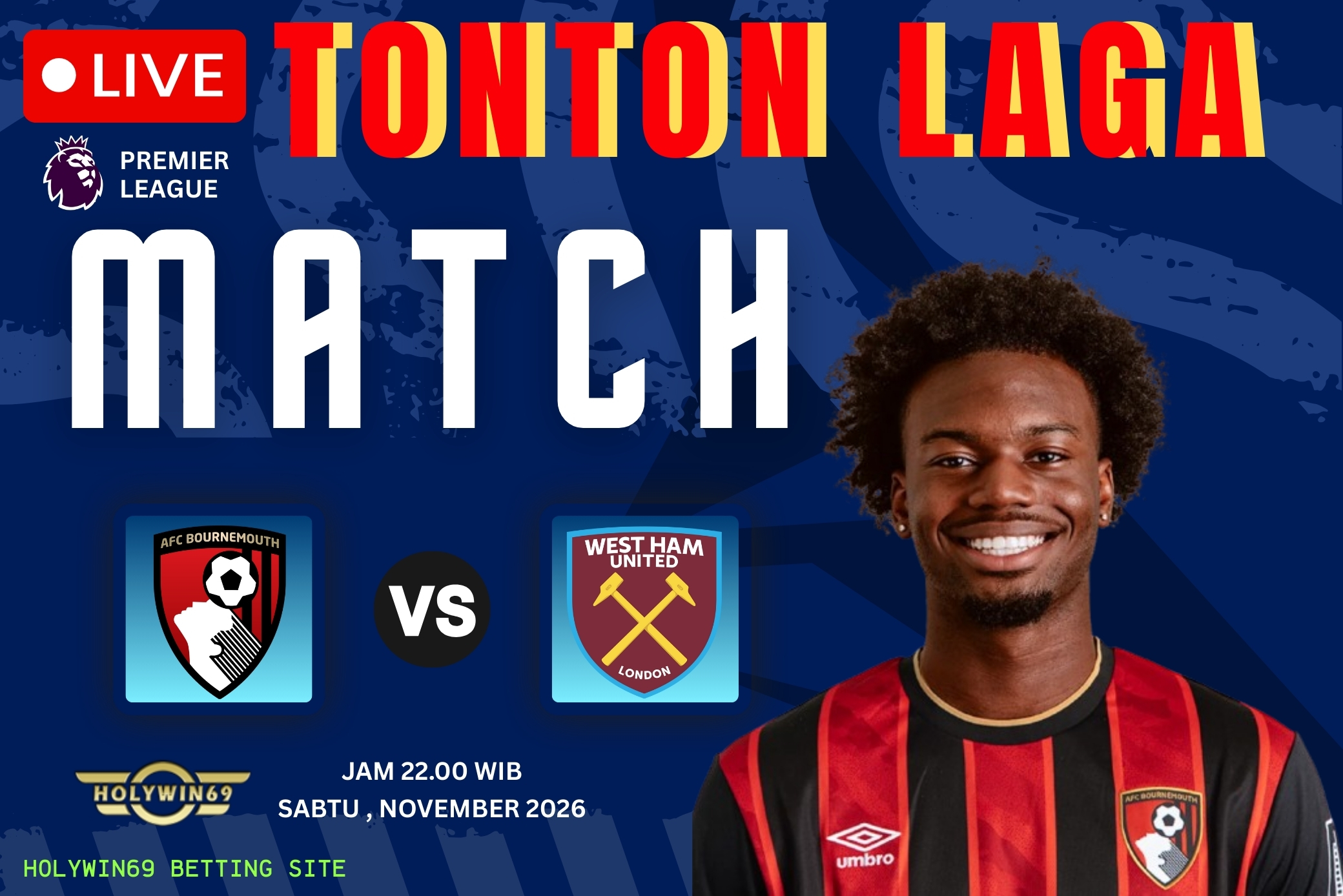 Poster pertandingan Bournemouth vs West Ham Premier League 2026