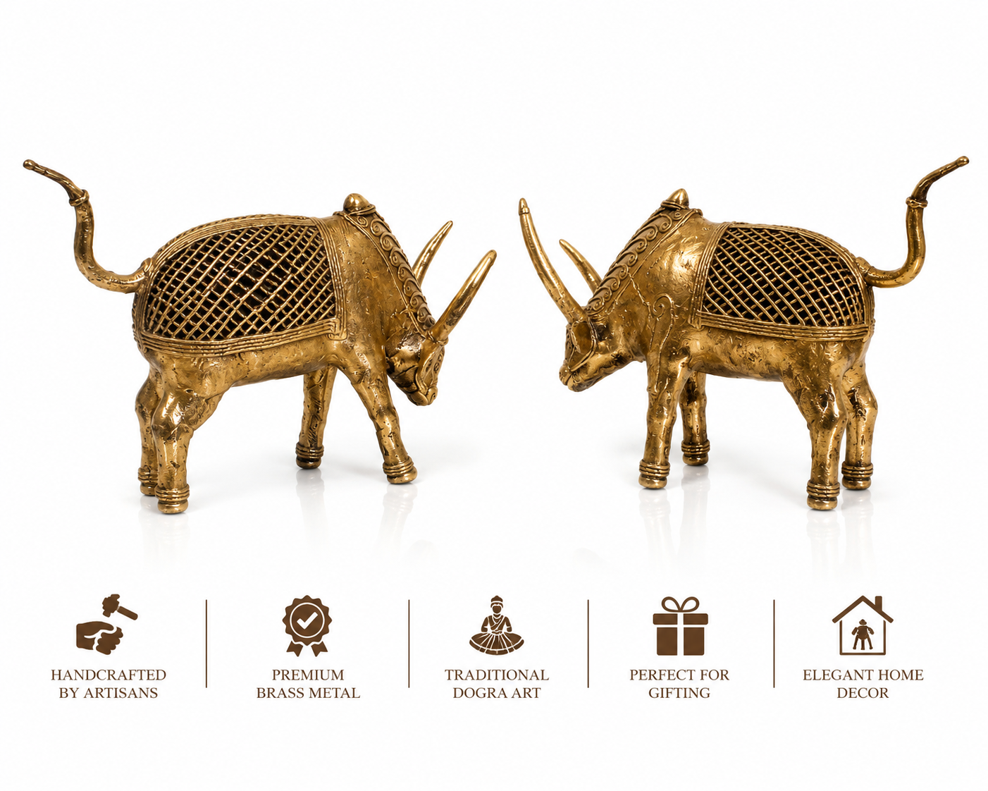 Handcrafted Dogra Art Brass Bull Pair – Traditional Tribal Metal Sculpture for Home Décor