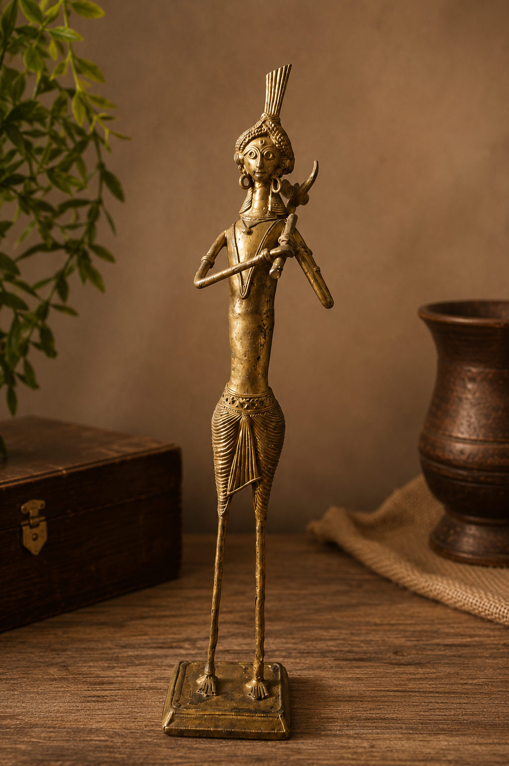 Handcrafted Tribal Musician Metal Statue – Traditional Brass Finish Home Décor