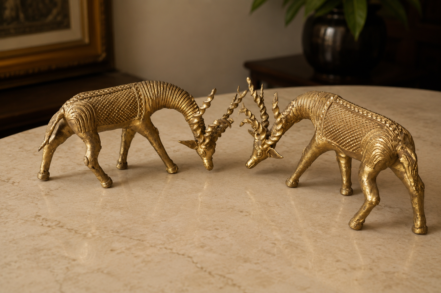 Handcrafted Tribal Brass Antelope Pair Statue – Decorative Metal Animal Figurines