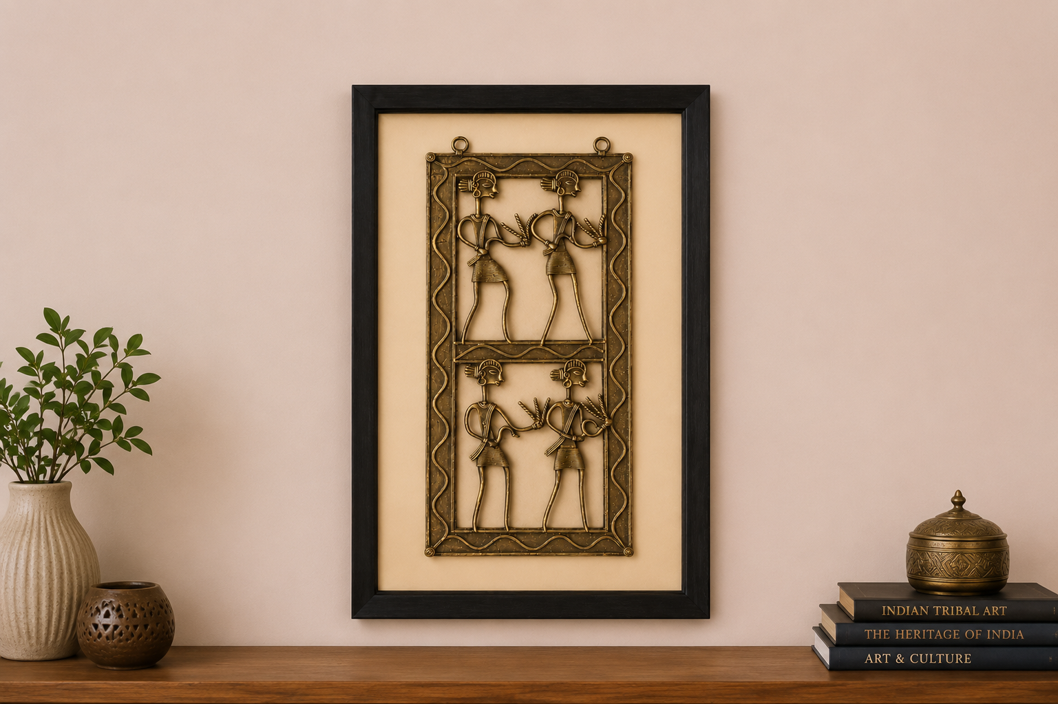 Traditional Indian Tribal Metal Wall Art – Handcrafted Tribal Dance Panel with Wooden Frame