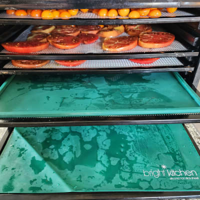 Food dehydrator with tomatoes and silicone mats.