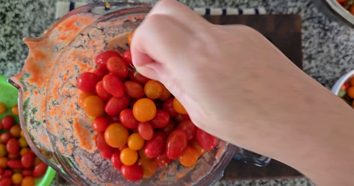 A blender packed with cherry and Roma tomatoes, ready to puree for sauce.