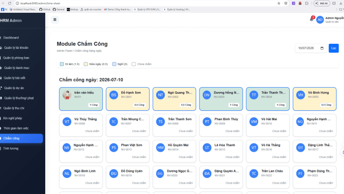 Website quản lý nhân sự bằng reactjs + spring boot, có trang riêng cho admin và nhân viên, đầy đủ chấm công, tính lương, thưởng,...