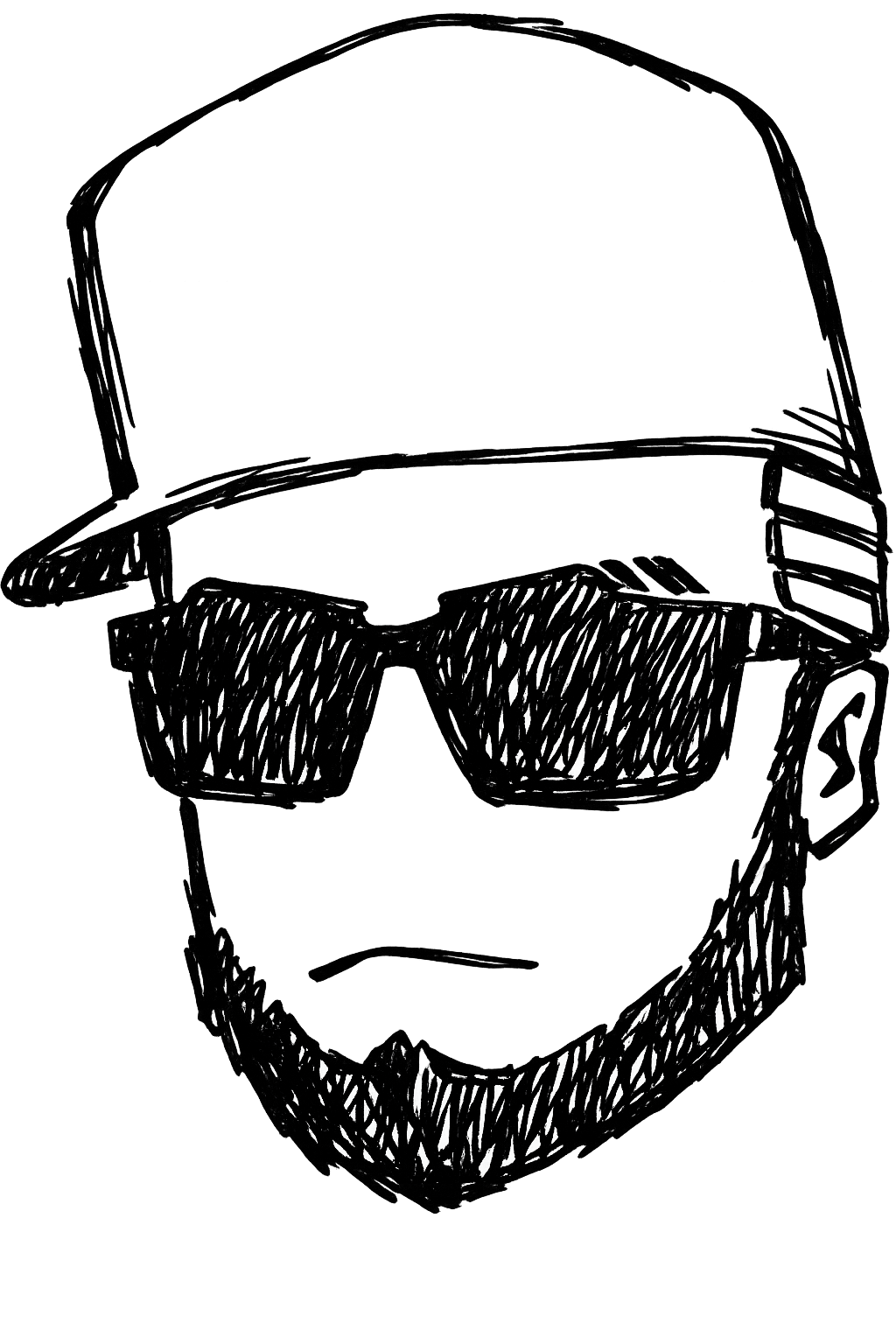 Black and white hand-drawn sketch of Tim Benniks wearing a flat-brim cap, dark sunglasses, and a full beard on a white background.