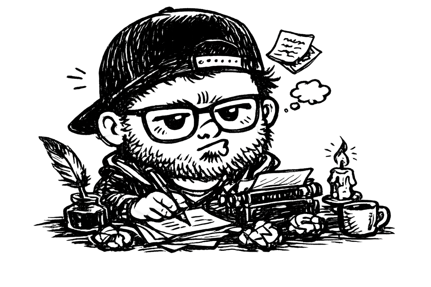 Sketched portrait of Tim Benniks at his desk