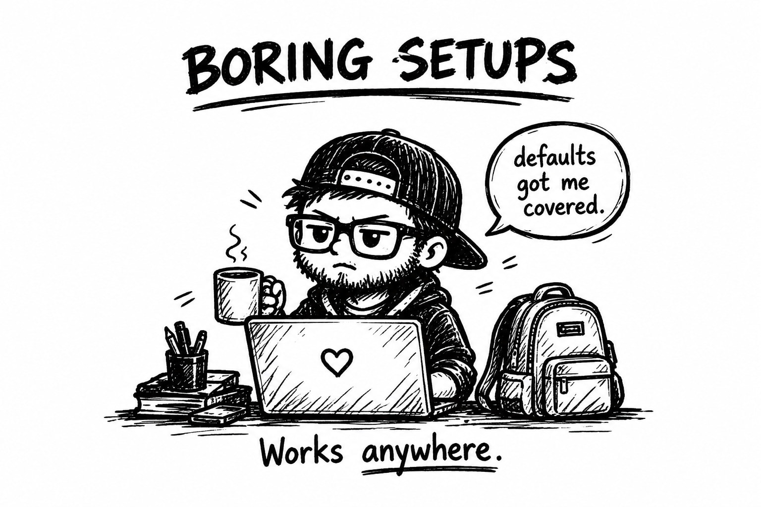 Illustrated desk with laptop, mic, and lights