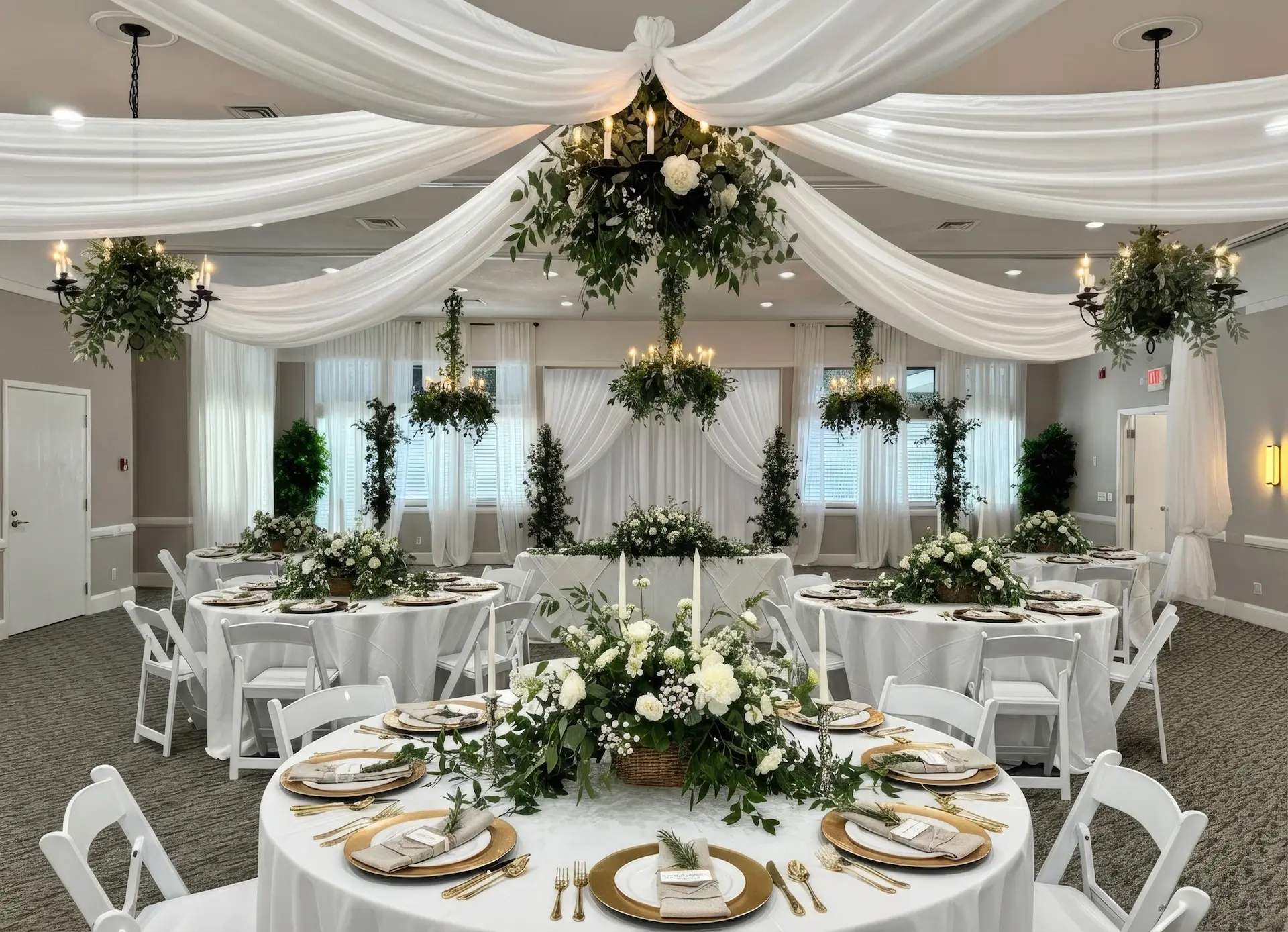 Elegant wedding hall, decorated with white flowers, green foliage, and sumptuous white fabrics on the ceiling.