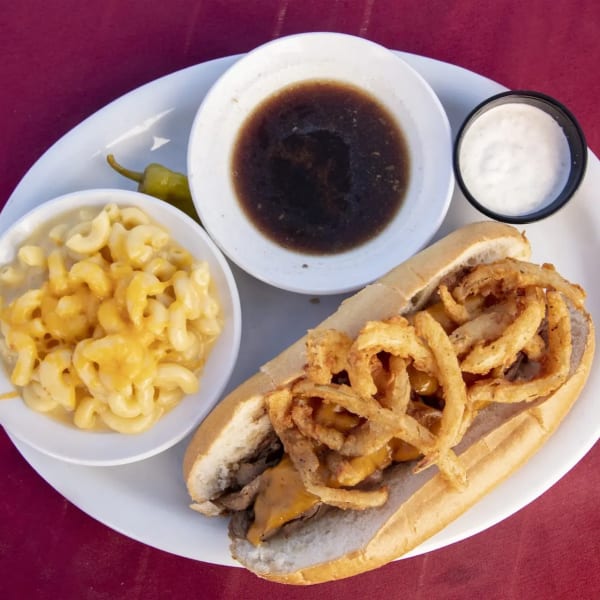 Prime Rib sandwich and mac and cheese from Big Jim's
