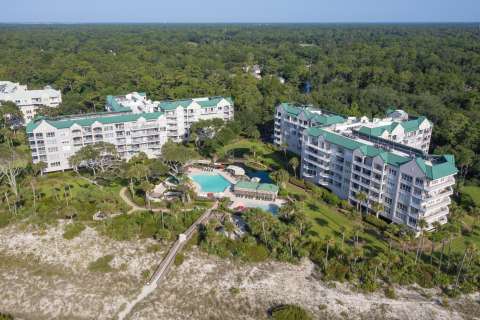 aerial view of Windsor Court pool and buildings