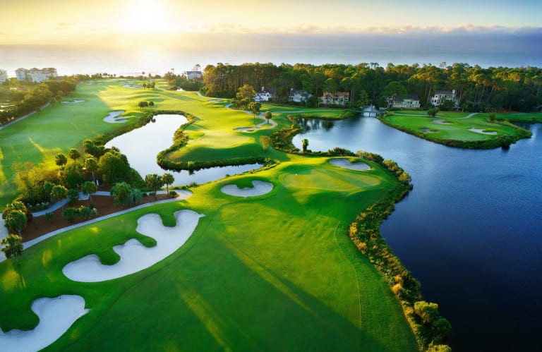 Golf aerial with view of ocean