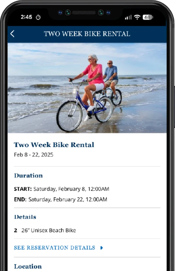 screenshot of a bike rental process in the Palmetto Dunes app shown on an iphone screen