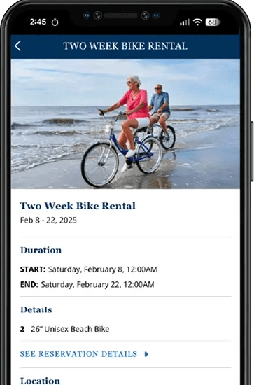 Resort App showing bike rental reservation