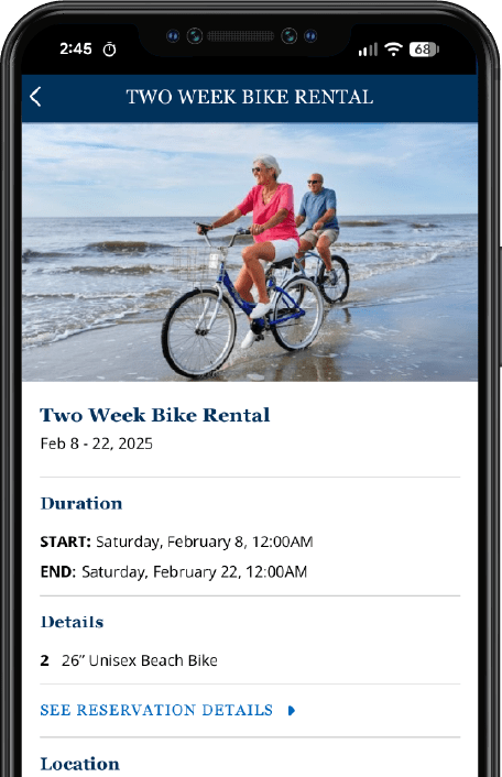 screenshot of a bike rental process in the Palmetto Dunes app shown on an iphone screen