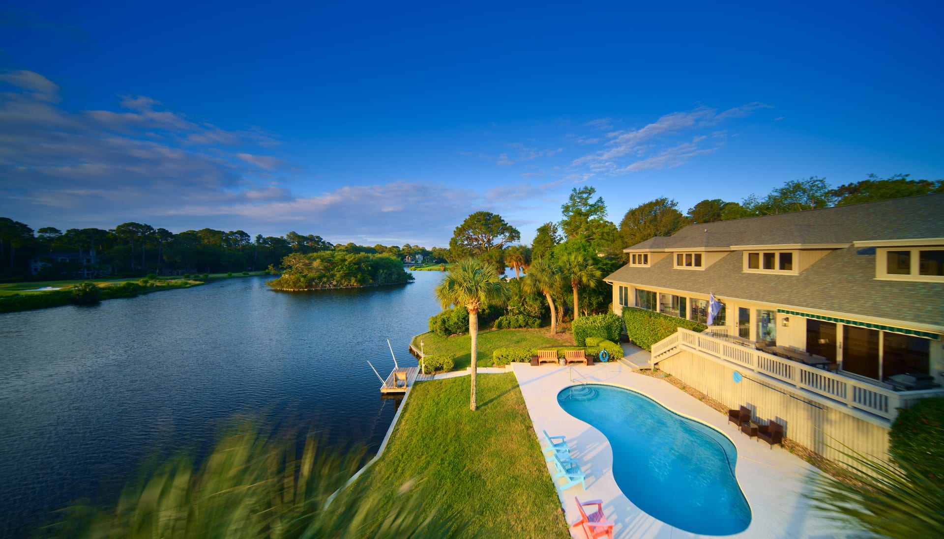 aerial view of vacation rental and lagoon