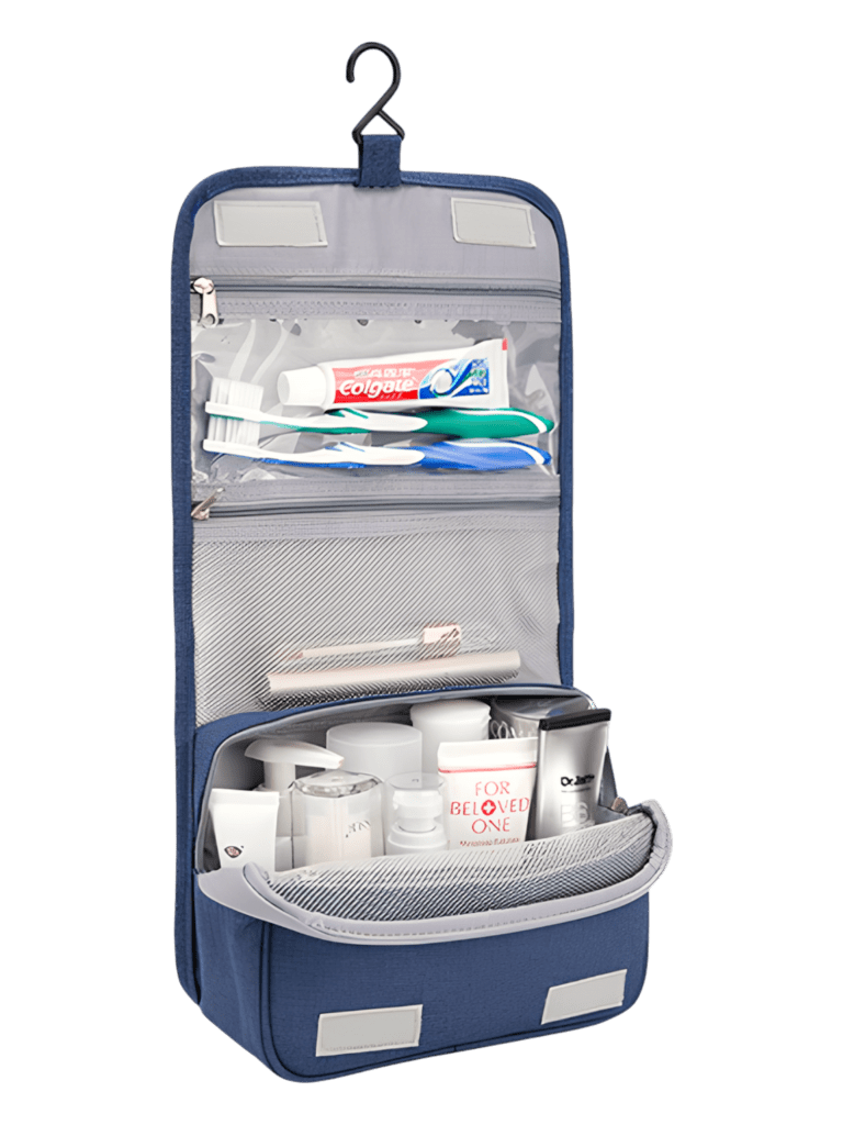 Trousse de toilette à suspendre couleur unie avec compartiments modèle bleu photo de présentation