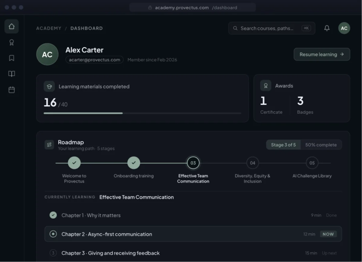 Provectus Academy dashboard