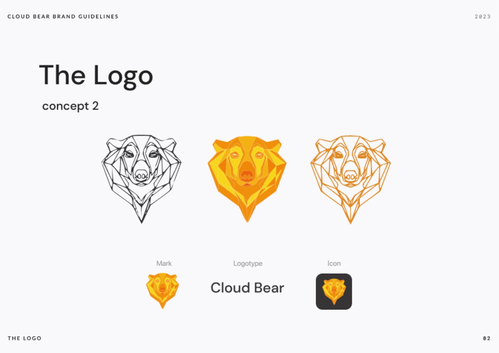 Cloud Bear — concept 2: geometric bear mark in three treatments
