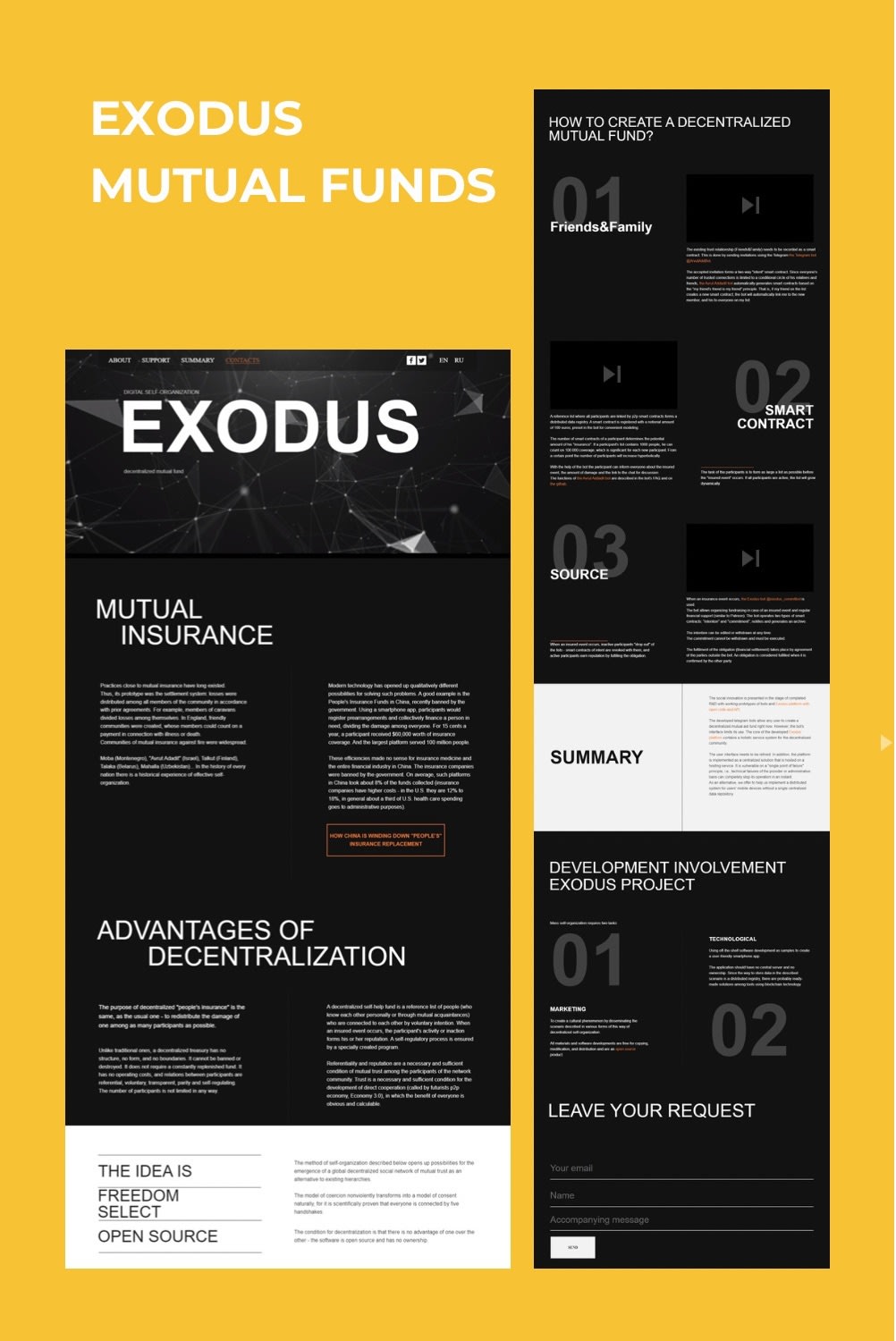 EXODUS mutual funds — early presentation cover and site pages