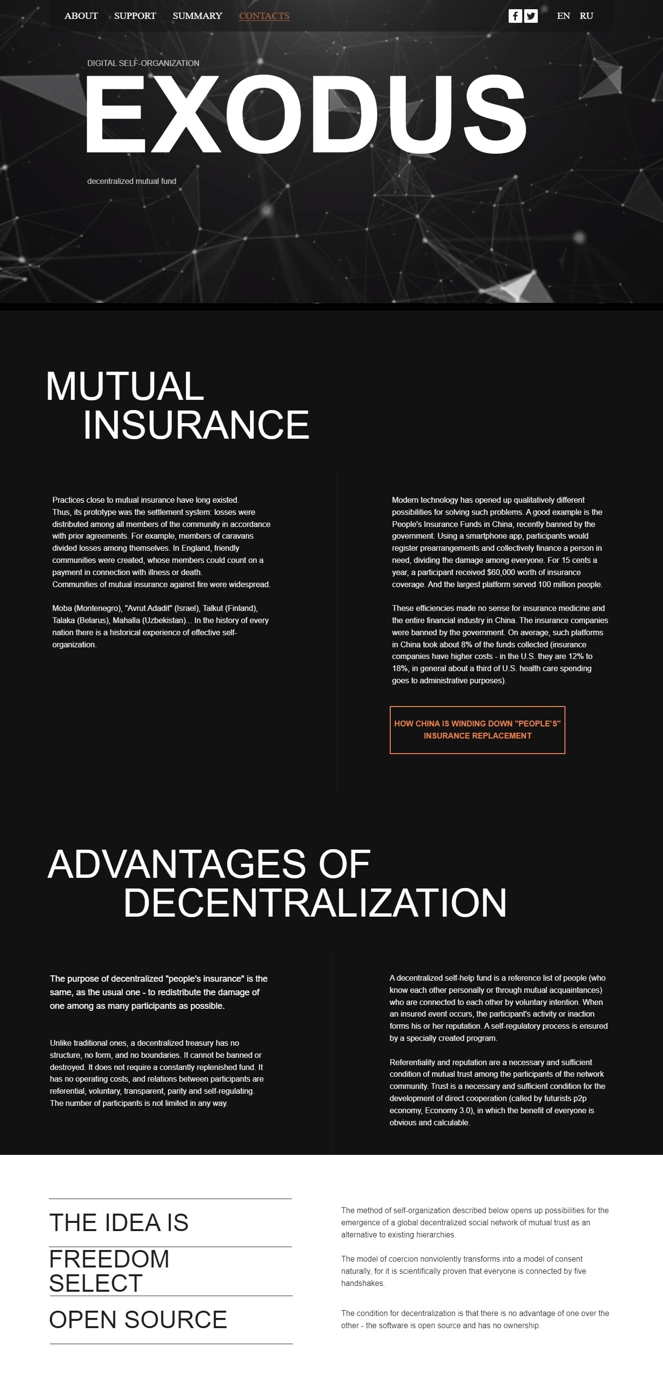 EXODUS site — hero, mutual insurance context, advantages of decentralization, the idea