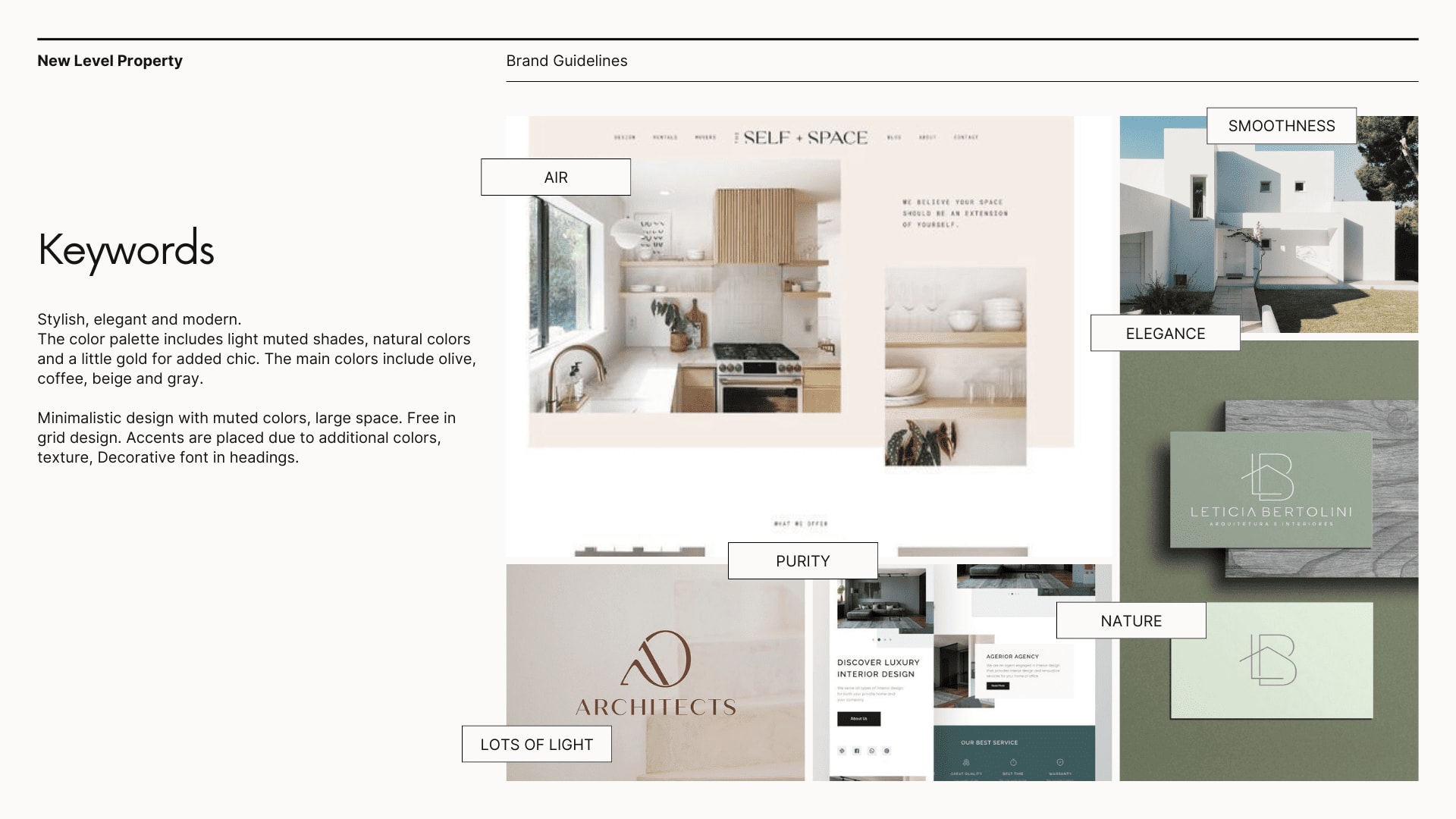 New Level — keywords and reference moodboard: air, smoothness, elegance, purity, nature, light