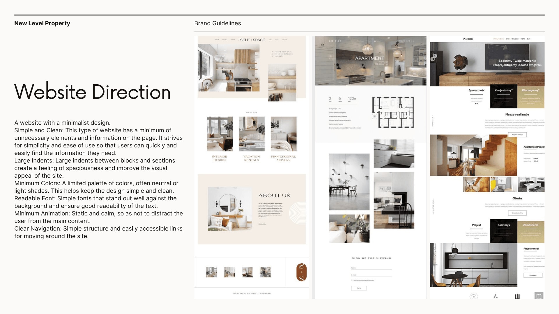 New Level — website direction: clean grids, large indents, minimum colors