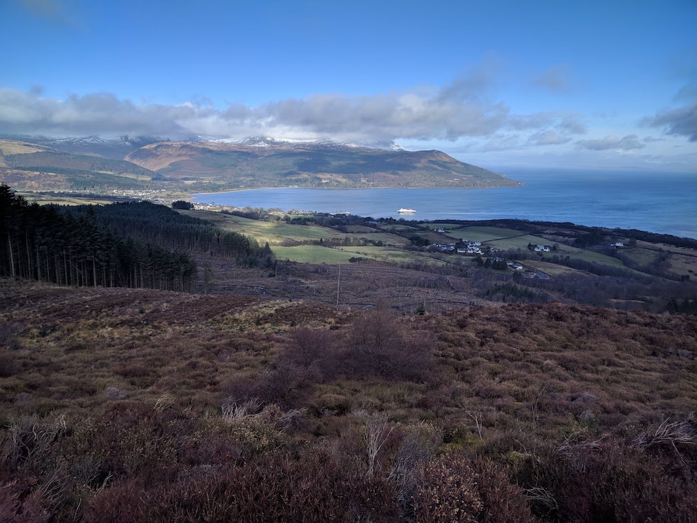 view of brodick and arran ferry from clauchland hills