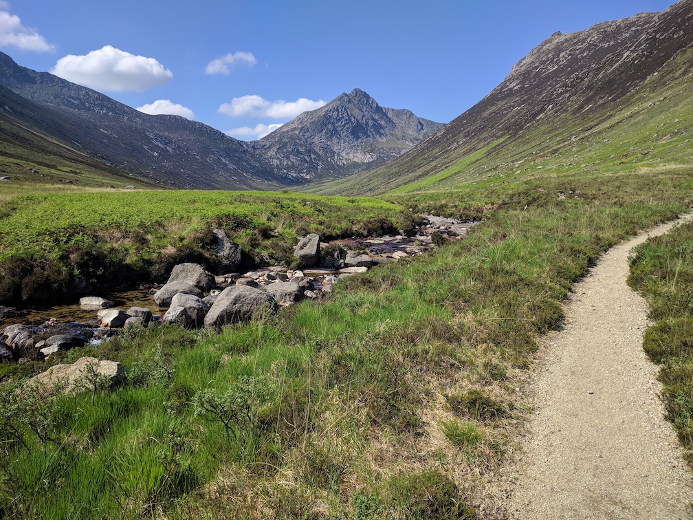 view up glen sannox with mountains either side