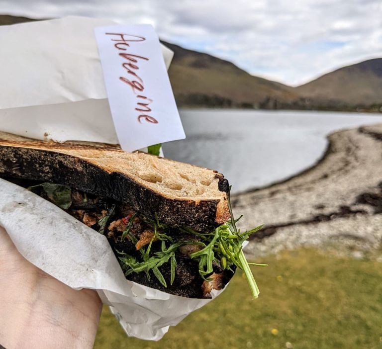 Aubergine and crispy onions sandwich