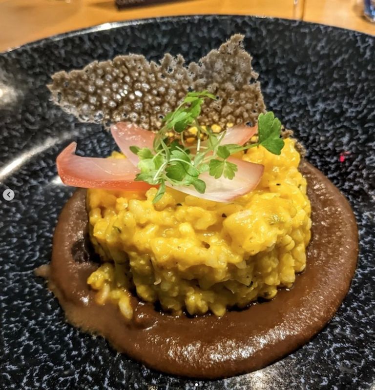 Carrot and sesame risotto and garlic puree