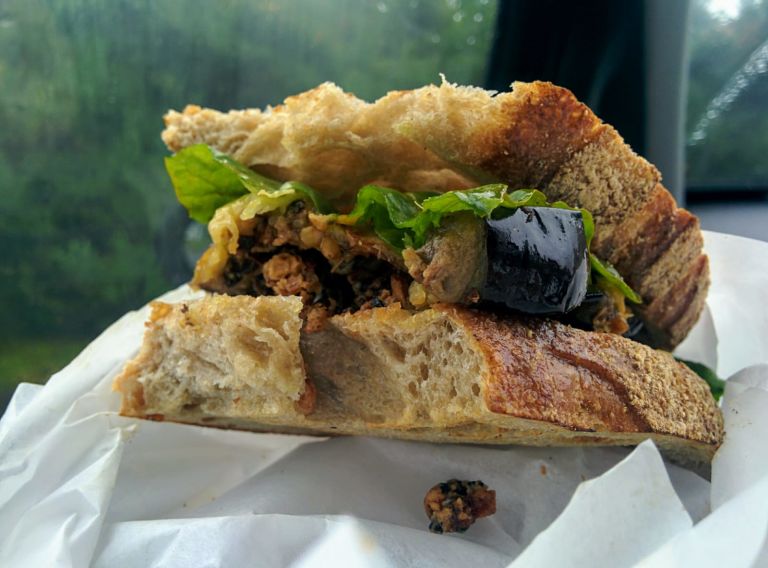 Aubergine and spiced onions on focaccia at the Sandwich Station (2019)