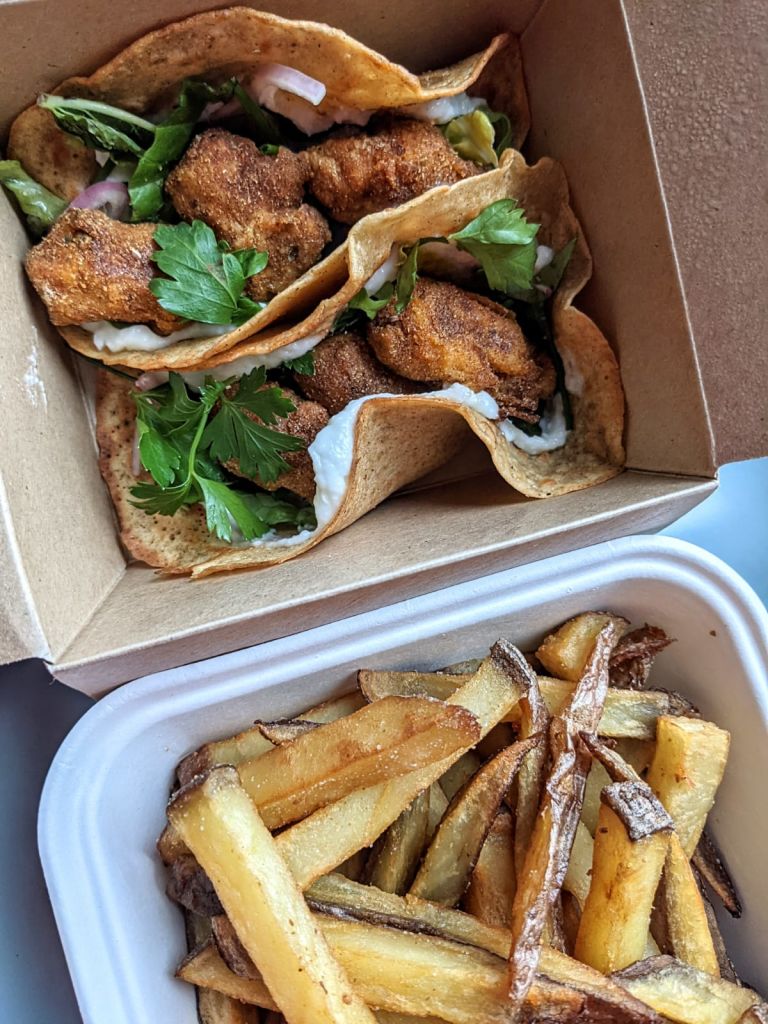 vegan banana blossom tacos from mara with chips