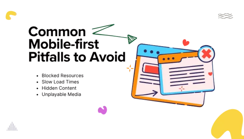 Illustration of mistakes harming google index and web indexing in mobile first indexing website design.