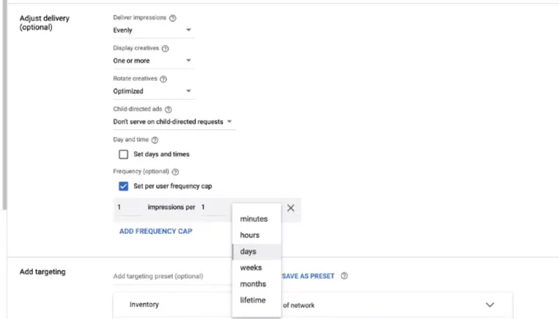 Google search settings page showing frequency capping options for Google retargeting ads to control ad exposure.