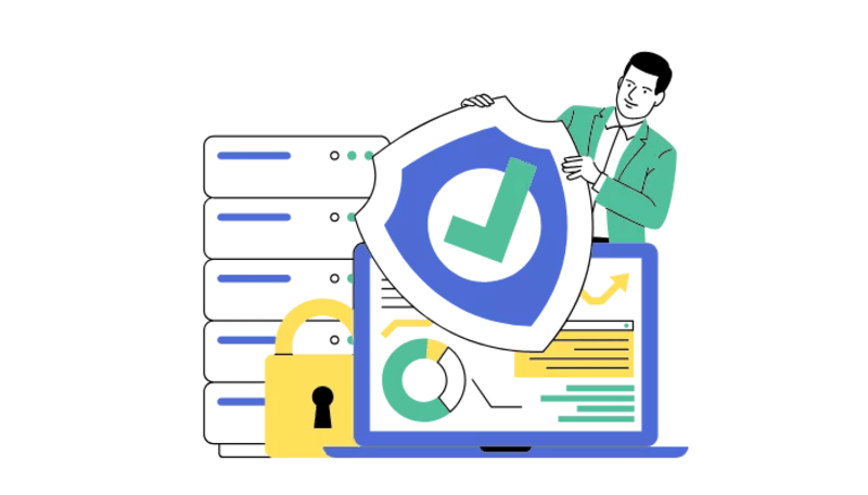 A man holds a shield with a padlock, symbolizing privacy laws and cookie limits affecting Retargeting advertising.