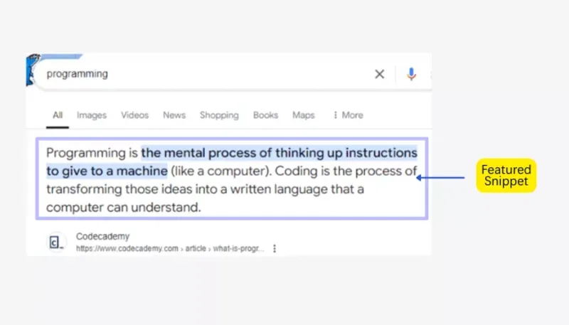 Google featured snippets in programming search results showing coding answers and featured snippets SEO examples.