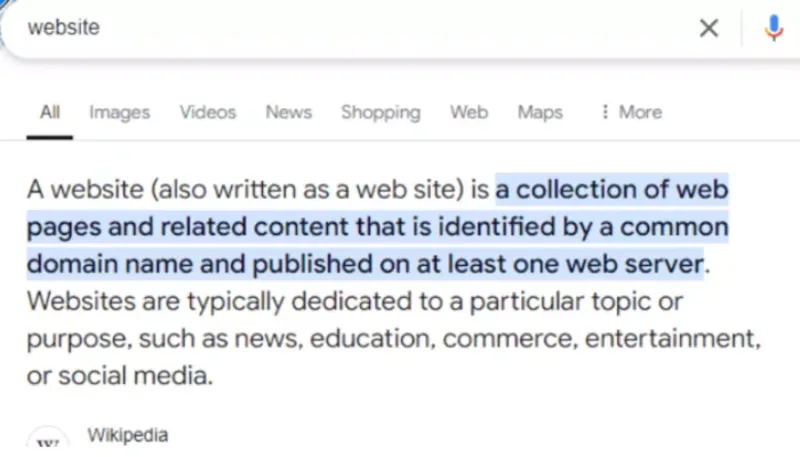 Search results page with Google featured snippets and website links displayed at the top of results.