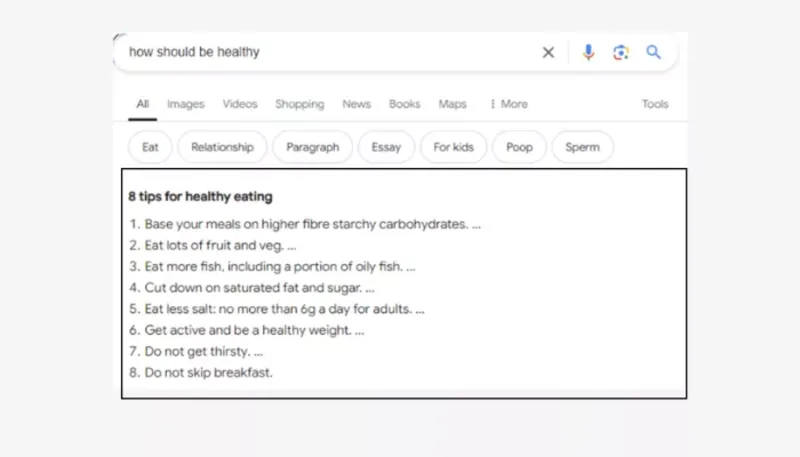 Search results displaying a list of entries with informational Google featured snippets for each topic.
