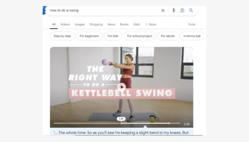 Video screenshot of a woman performing kettlebell swings with proper form and exercise technique demonstration.