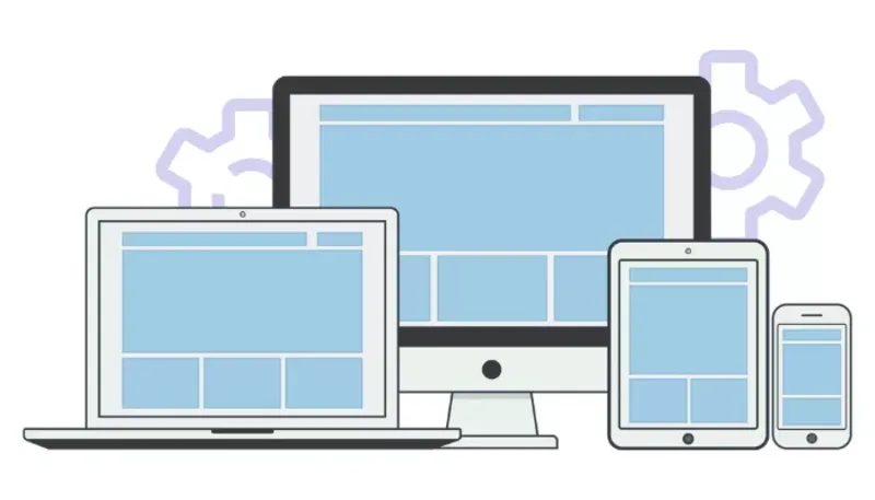 Illustration of a desktop computer, laptop, tablet, and smartphone displaying similar blue layouts, representing responsive design websites.